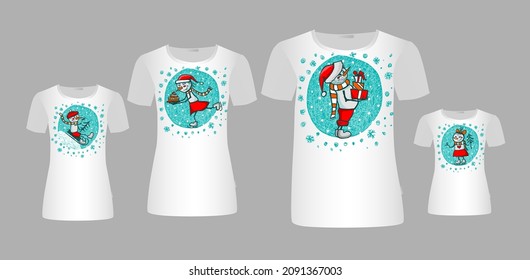 Family of snowmen print on t-shirts. Vector illustration
