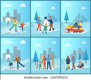 Family snowmobiling, skiing and building snowman vector. People on ice rink figure skating mother and daughter, father and son playing hockey game