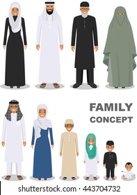 Family and social concept. Arab people generations at different ages. Arab people father, mother, son, daughter, grandmother and grandfather standing together in traditional islamic clothes. Vector.