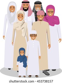 Family and social concept. Arab person generations at different ages. Muslim people father, mother, son and daughter standing together in traditional islamic clothes. Vector illustration.