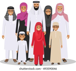 Family and social concept. Arab person generations at different ages. Muslim people father, mother, grandmother, grandfather, son and daughter standing together in traditional islamic clothes. Vector.