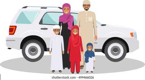 Family and social concept. Arab person generations at different ages. Muslim people father, mother, son and daughter standing together near the car in traditional islamic clothes. Vector illustration.