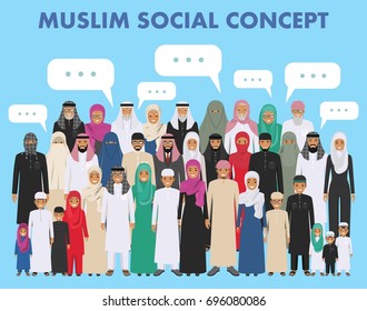 Family and social concept. Arab person generations at different ages. Group young and old muslim people standing together in different traditional islamic clothes on white background in flat style.