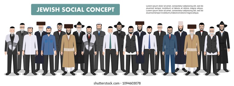 Family and social concept. Group adults old jewish men standing together in different traditional clothes in flat style. Old israel people. Differences Israelis in the national dress. Vector.
