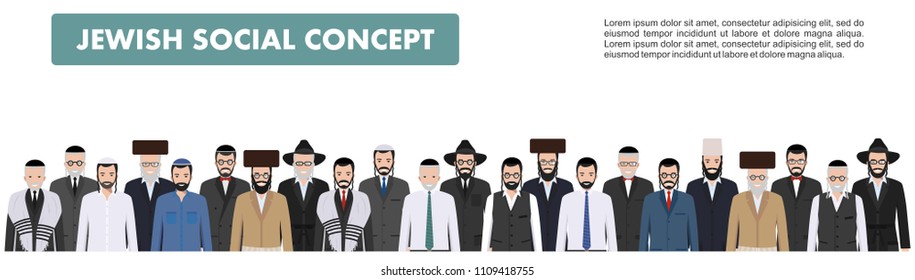 Family and social concept. Group adults and old jewish men standing together in different traditional clothes in flat style. Old israel people. Differences Israelis in the national dress. Vector illus