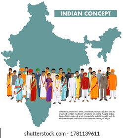 Family and social concept. Group indian young people standing together in different traditional national clothes on background with map of India in flat style. Vector illustration.