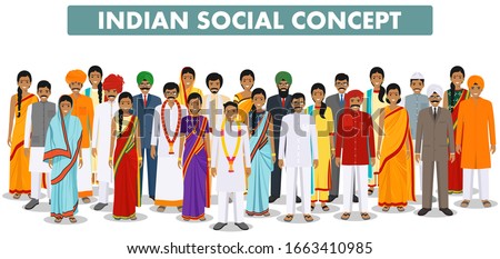 Family and social concept. Group indian people standing together in different traditional clothes on white background in flat style. Vector illustration.