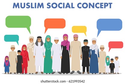 Family and social concept. Group muslim arabian children standing together and speech bubble in different traditional islamic clothes on white background in flat style. Arabic people. Vector.