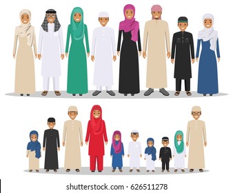 Family and social concept. Group muslim arabian children standing together in row in different traditional islamic clothes on white background in flat style. Arabic young people. Vector illustration.