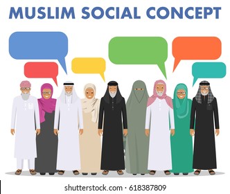 Family and social concept. Group old muslim people standing together and speech bubble in different traditional islamic clothes on white background in flat style. Arab men and women. Vector.