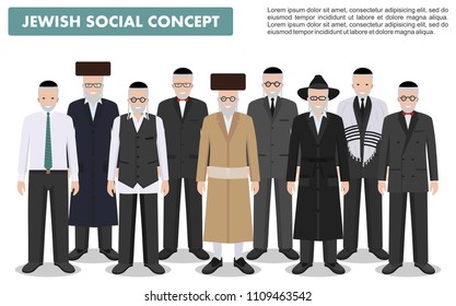Family and social concept. Group senior jewish men standing together in different traditional clothes in flat style. Old israel people. Differences Israelis in the national dress. Vector illustration.