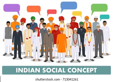 Family and social concept. Group young and senior indian people and speech bubbles standing together in different traditional clothes on white background in flat style. Vector illustration.