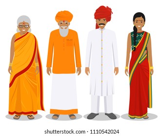 Family and social concept. Indian person generations at different ages. Set of adult people in traditional national clothes: father, mother, grandmother, grandfather standing together. Vector illustra