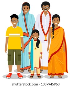Family and social concept. Indian person generations at different ages. Set of people in traditional national clothes: father, mother, boy, girl standing together. Vector illustration.