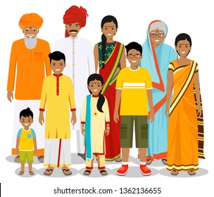 Family and social concept. Indian person generations at different ages. Set of people in traditional national clothes grandmother, grandfather, father, mother, boy, girl standing together. Vector.