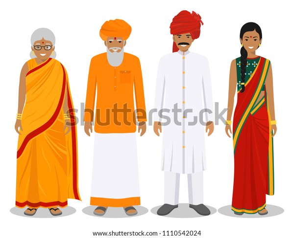家族と社会のコンセプト 異なる年齢のインド人の世代 伝統的な国民服を着た成人のセット 父 母 祖母 祖父が一緒に立っている ベクターイラスト のベクター画像素材 ロイヤリティフリー