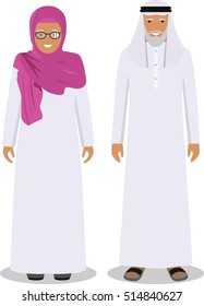 Family and social concept. Muslim arab old man and woman standing together in traditional islamic clothes in flat style on white background. Vector illustration.