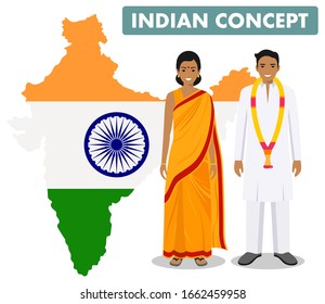 Family and social concept. Set of couple standing together indian man and woman in different traditional national clothes on background with map of India with national flag inside. Vector illustration