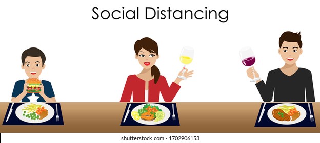 Family Social Distancing. Father,mother And Kid Having Dinner At Home, Keeping Distance To Protect Spreading Of COVID-19 Corona Virus. Idea For COVID-19 Prevention And Quarantine In Family. 