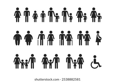 coleção de ícones de família estilo plano, pai, mãe, filho, avô, avó