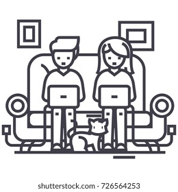 family at sofa working on laptops with cat vector line icon, sign, illustration on background, editable strokes