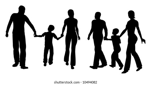 family with son walking silhouette vecto