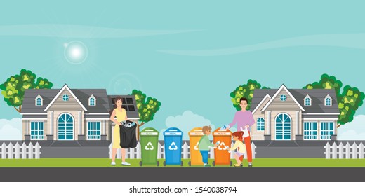 Family sorting garbage into garbage collector on village view background. City waste recycling. Ecology protection concept cartoon, Vector Illustration.