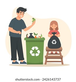 Family sorting organic garbage into a trash container. Dad and daughter recycle garbage, collecting waste, girl tying a trash bag