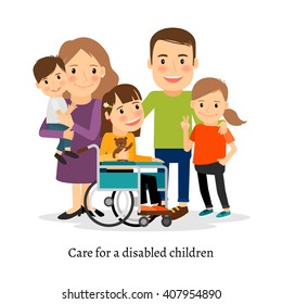 Family With Special Needs Children, Family With Handicapped Children. Vector Illustration