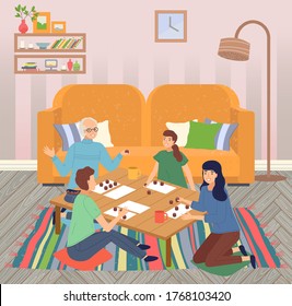 Family Spend Leisure Time Together At Home, Happy People Playing Bingo Lotto Game At Table, Mother, Daughter, Father, Grandfather, Indoors Home Activity, Hobby, Parents And Kids Relationships