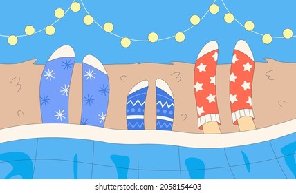 Family spend time in bed in socks. dad, mom and child legs in socks during Christmas winter holidays. Сute vector illustration of family spend time in bed holidays together under the blanket in bed. 