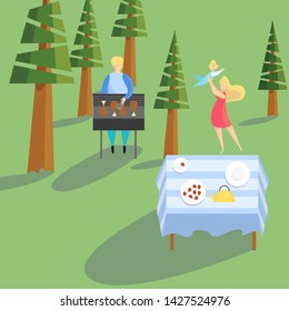 Family spend time outdoor on picnic. Summer camping. Idea of tourism and travel, barbecue. Vector illustration in cartoon style
