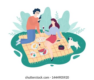 Family spend time outdoor on picnic. Summer camping. Idea of tourism and travel, barbecue. Vector illustration in cartoon style