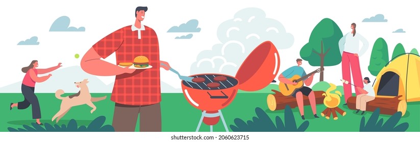 Family Spend Time at Summer Camp in Forest. Young Active Tourists Characters on Vacation. Kids Relax near Campfire and Tent, Playing Guitar, Father Cooking Food. Cartoon People Vector Illustration