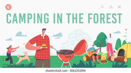 Family Spend Time at Summer Camping in Forest Landing Page Template. Tourists Characters on Vacation. Kids Relax near Campfire, Playing Guitar, Father Cooking Food. Cartoon People Vector Illustration