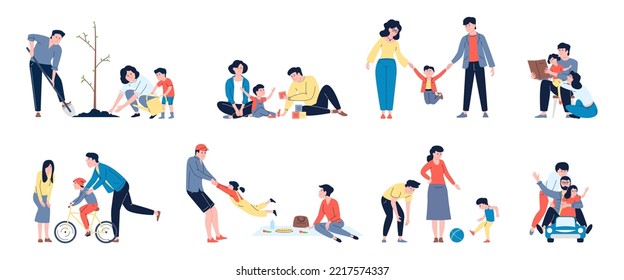 Family spend time together. Flat parents spending evening with child. Fun outdoor and home rest, planting and picnic, walking and playing. Recent parenthood vector scenes