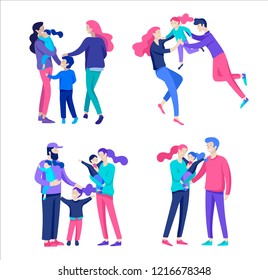 Family spend time together, happy parents with children. Vector people character