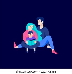 Family spend time together, happy parents with children. Vector people character. Editable outline stroke size. Colorful flat concept illustration.