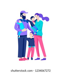 Family spend time together, happy parents with children. Vector people character. Editable outline stroke size. Colorful flat concept illustration.