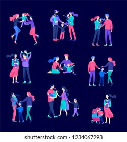 Family spend time together, happy parents with children. Vector people character. Editable outline stroke size. Colorful flat concept illustration.