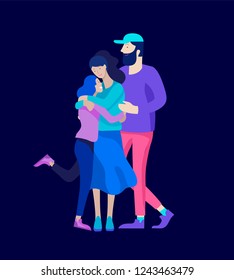 Family spend time together, happy parents with children. Vector people character. Editable outline stroke size. Colorful flat concept illustration.