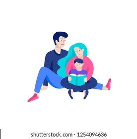 Family spend time together, happy parents with children. Vector people character. Editable outline stroke size. Colorful flat concept illustration.