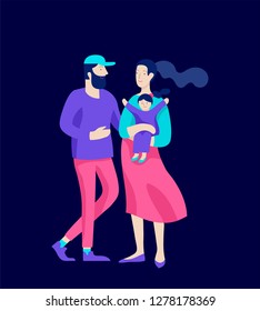 Family spend time together, happy parents with children. Vector people character. Editable outline stroke size. Colorful flat concept illustration.