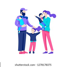 Family spend time together, happy parents with children. Vector people character. Editable outline stroke size. Colorful flat concept illustration.