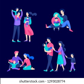 Family spend time together, happy parents with children. Vector people character. Editable outline stroke size. Colorful flat concept illustration.