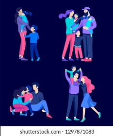 Family spend time together, happy parents with children. Vector people character. Editable outline stroke size. Colorful flat concept illustration.