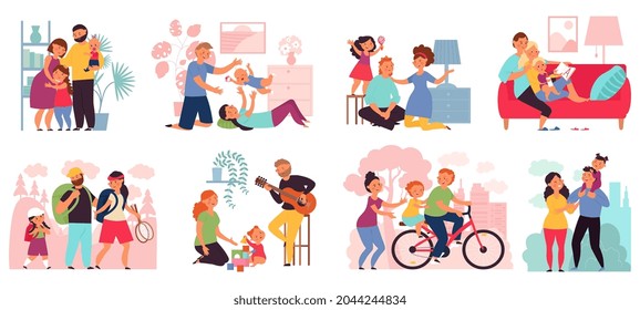 Family spend time together. Happy parents with children, mother father kids walking, ride and play. Cute cartoon people decent vector clipart