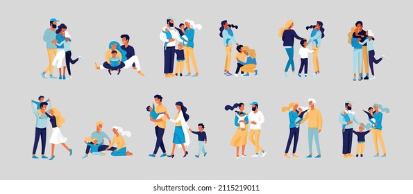 Family spend time together, happy parents with children. Vector people character