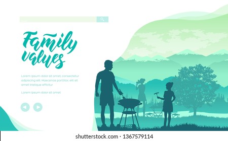 Family spend time together in nature. Mother takes picture, father and daughter do barbeque. Concept of family values, recreation, relaxation at weekend. Summer picnic. Vector design. Place for text.