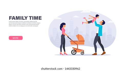 Family spend time together outdoor. Mother with baby stroller, and father playing with his son. Landing page design. Modern Vector illustration for websites